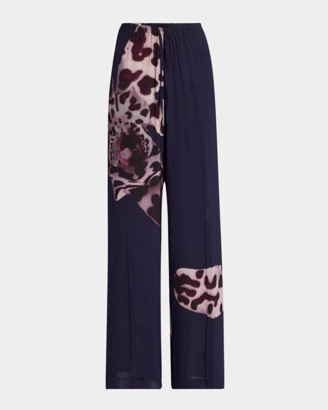 Orchid-Print Straight-Leg Drawstring Pants